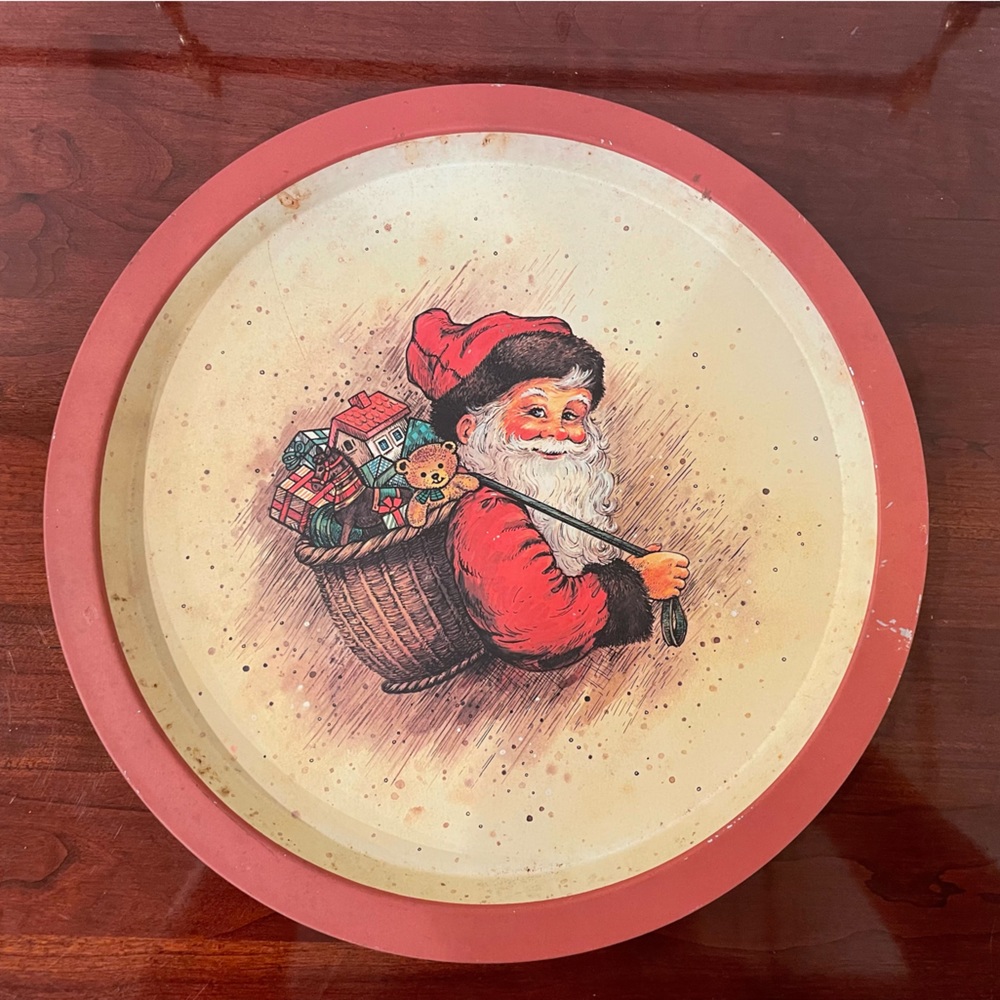 3 vintage tin trays.  2 Christmas themed 13” and one Arkansas apple blossom tray
